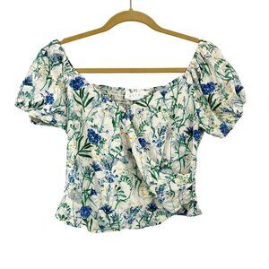 ASTR the Label Surplice Top Puff Sleeve Blue Green Floral Linen Boho Size Large